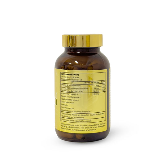 Brown supplement bottle with gold cap on a white background - HD LifeNOVALIS Fucoidan Premium Elixir
