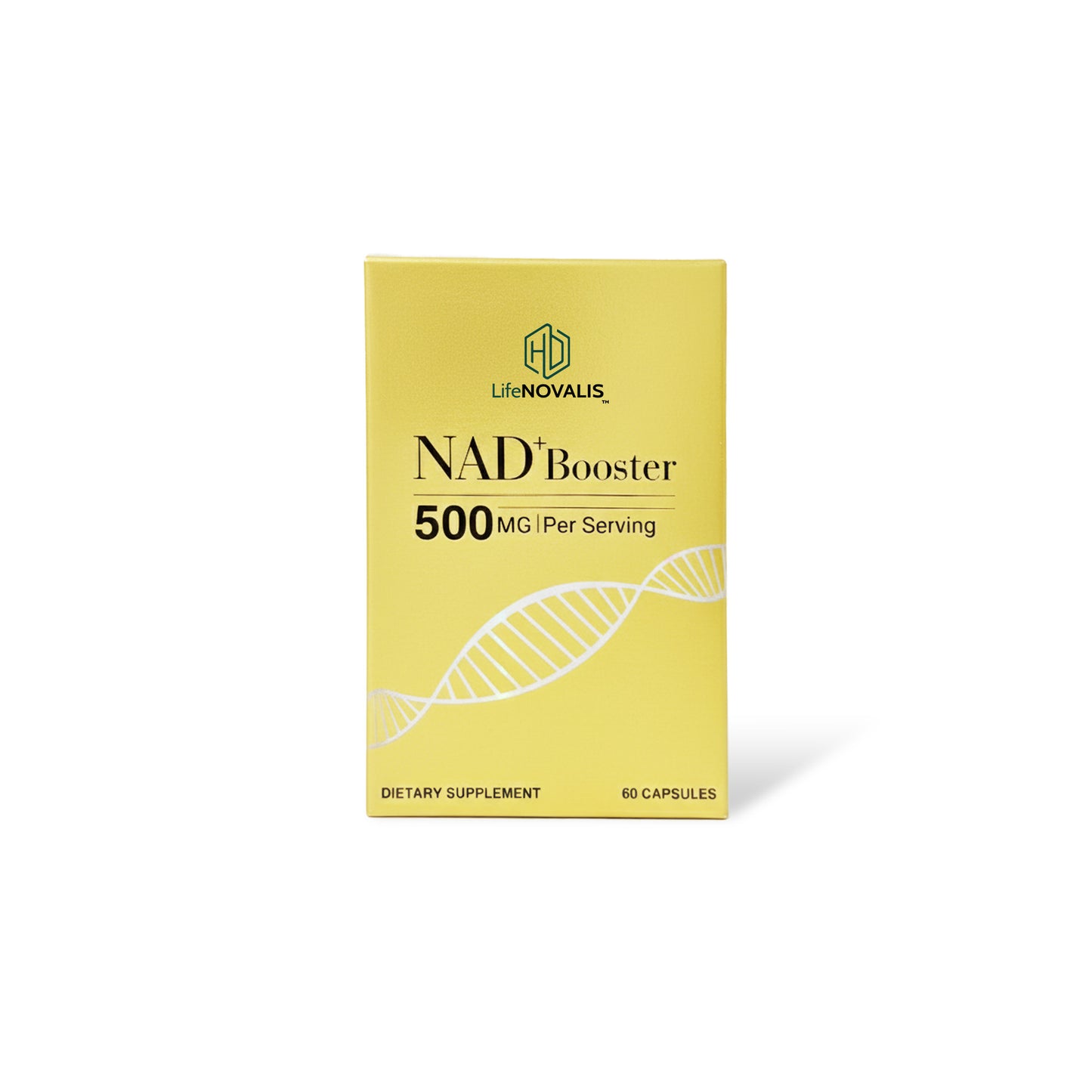 Yellow supplement box labeled 'NAD+ Booster' by HD LifeNOVALIS on a white background