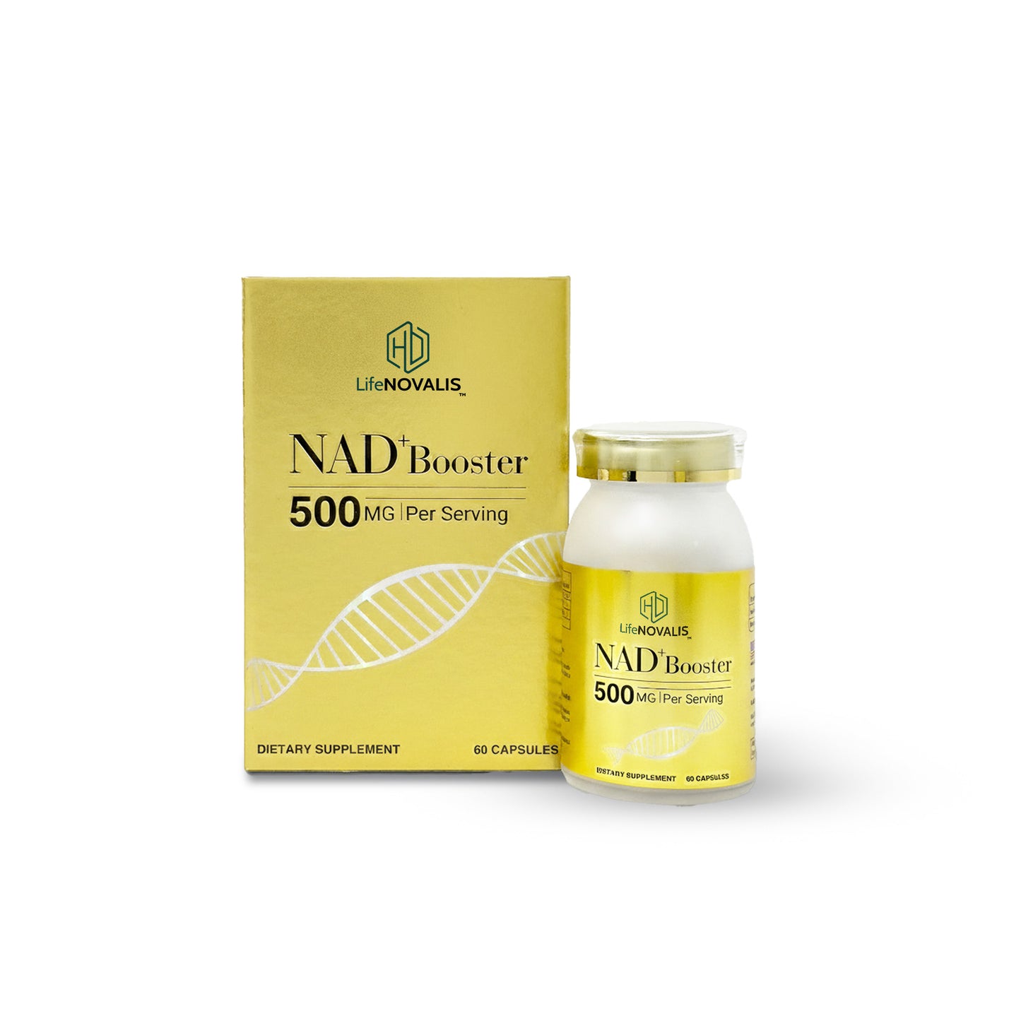 HD LifeNOVALIS NAD+ Booster supplement bottle and packaging on a white background