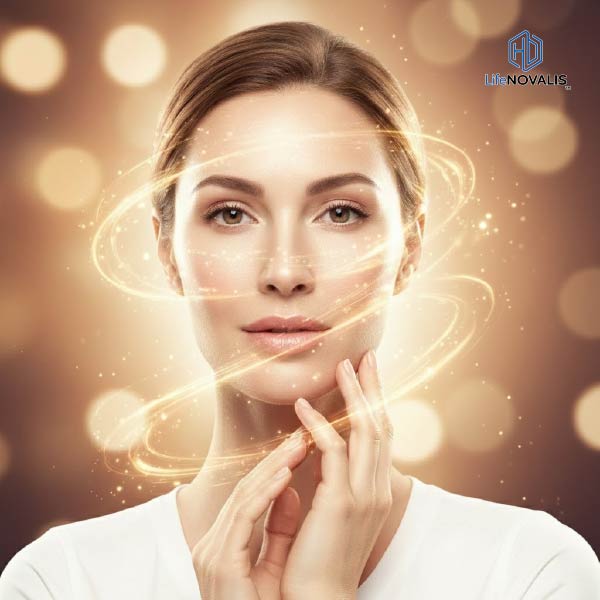 A dynamic composite image showing a healthy, glowing woman smiling confidently, with subtle, abstract visual elements suggesting a strong, vibrant heart and healthy, smooth skin.