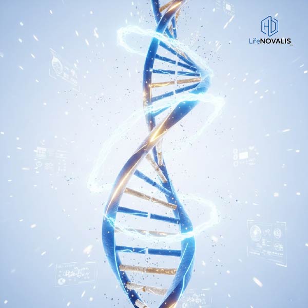Abstract graphic of a glowing, intricately structured DNA helix being repaired or "rewound," with the NMN 18000 product subtly incorporated into the foreground.