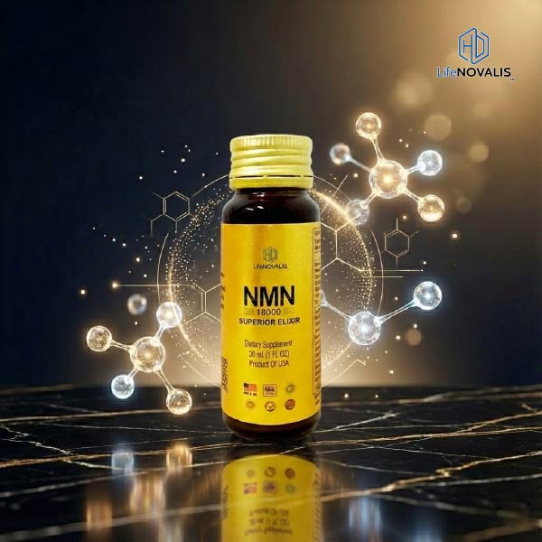 High-quality product image of NMN Superior Elixir 18000, the best nmn on the market, next to molecular structures of NMN, Glutathione, and Collagen.