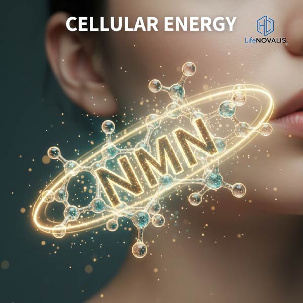 NMN molecule structure and cell diagram showing increased energy