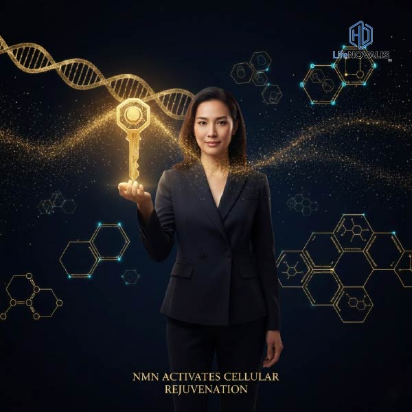 Abstract image of a stylized golden key (NMN molecule) turning a lock (aging cell) to reveal a bright, vibrant, and young cell.