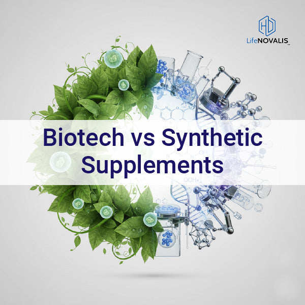 Biotech vs synthetic supplements concept with science and nature combined