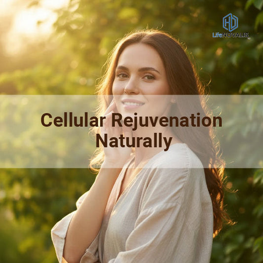 woman surrounded by soft sunlight and green tones, symbolizing natural cellular rejuvenation, vitality, and youthful balance