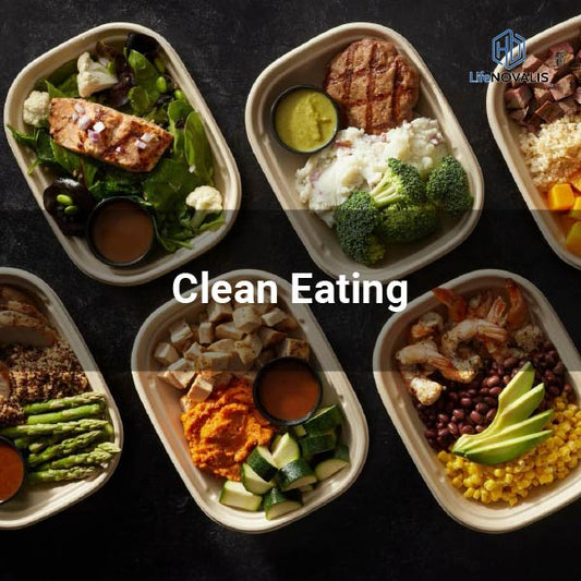 A vibrant, top-down shot of a balanced clean meal prep container, including grilled chicken, brown rice, and colorful steamed vegetables.