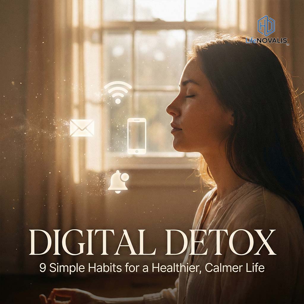 digital detox featured image with a calm person in a sunlit room