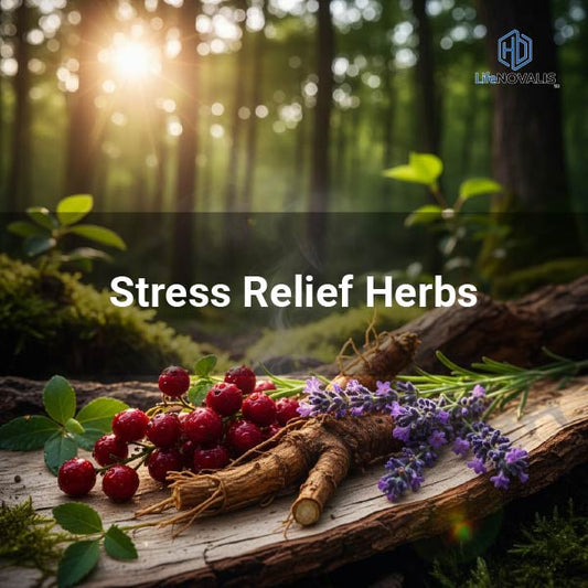 A visually balanced still life of three adaptogenic herbs: Ashwagandha berries, Rhodiola roots, and Lavender flowers, set on a clean surface.