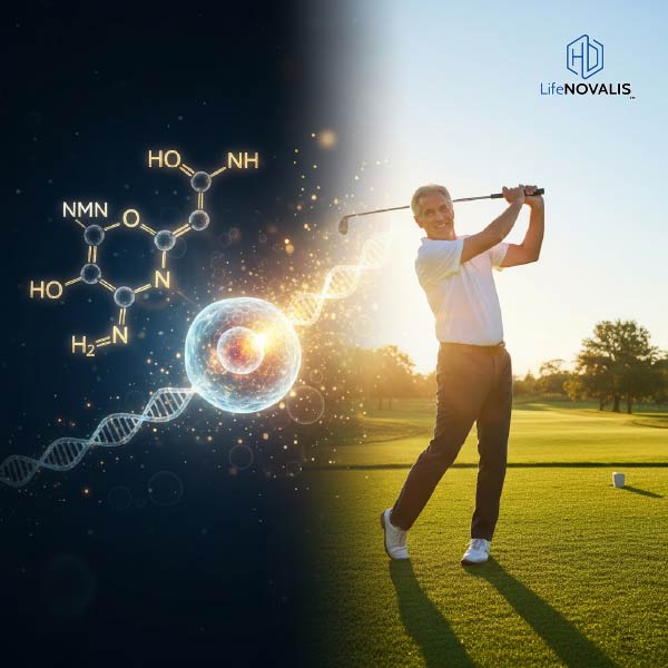 A dramatic visual representing cellular health, youth, and the NMN molecule.