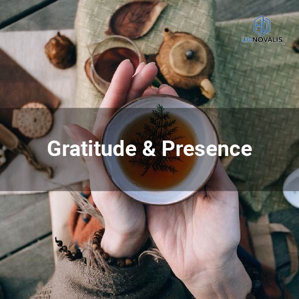 soft morning light, a cup of tea, and open hands symbolizing gratitude and mindful presence