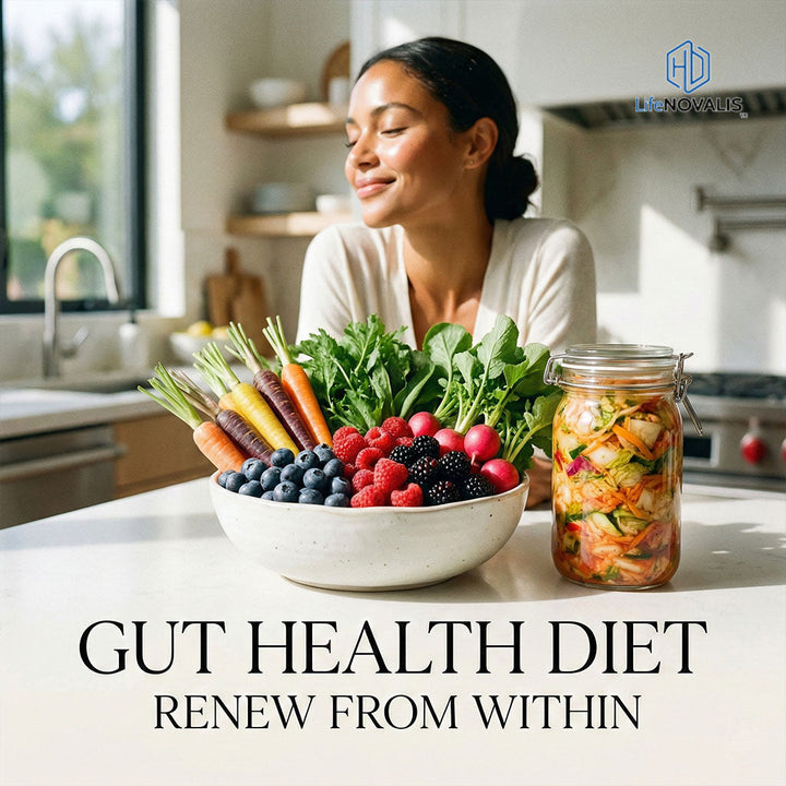 gut health diet featured image with fresh ingredients and a glowing person