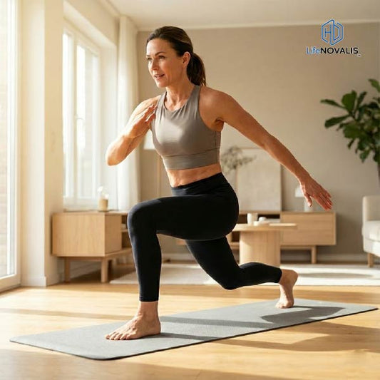High-energy person performing dynamic home workouts in a modern living room.