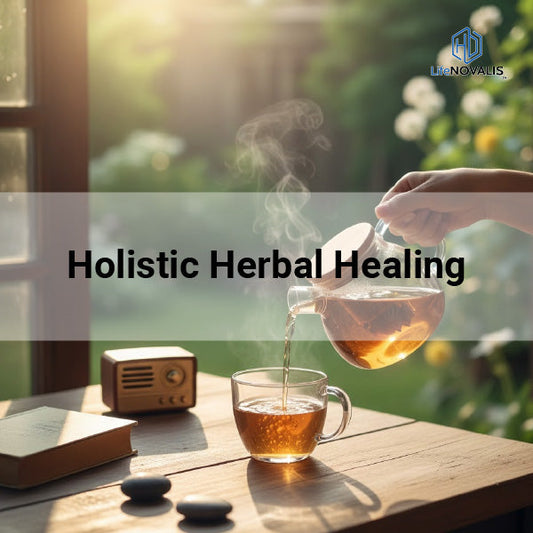 woman preparing herbal tea surrounded by green plants and sunlight, symbolizing holistic herbal healing and natural wellness