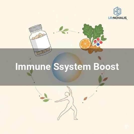 Dynamic visual representing a thriving immune system, featuring intertwined elements of cellular energy (NMN/NAD+), vibrant superfoods, and a serene, healthy lifestyle.