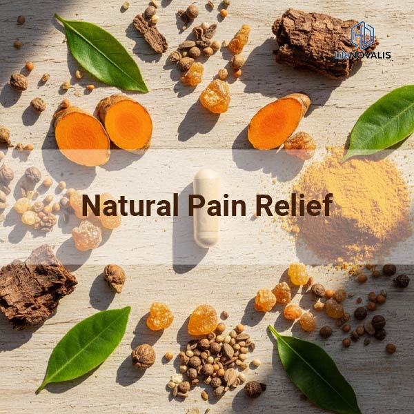 A close-up, dynamic image of natural supplements (capsules) with key herbal ingredients (Turmeric, Boswellia) and joint-related visual elements.