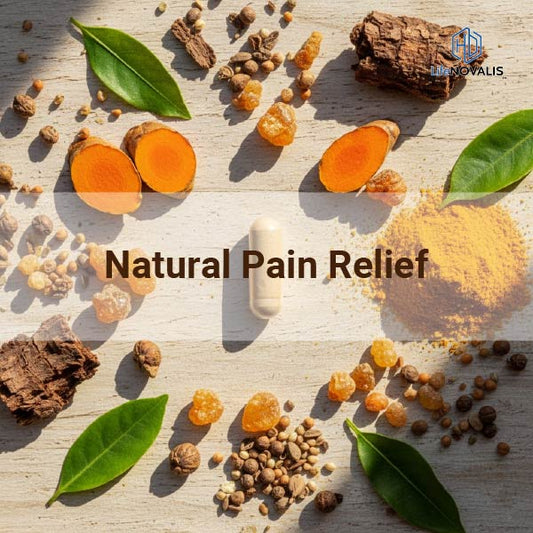 A close-up, dynamic image of natural supplements (capsules) with key herbal ingredients (Turmeric, Boswellia) and joint-related visual elements.