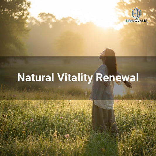 woman standing in morning sunlight with calm smile, representing natural vitality renewal and mindful living