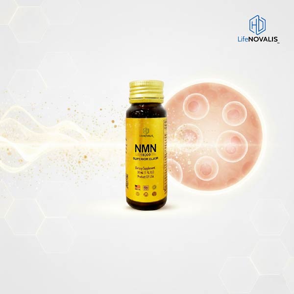Dynamic image of NMN Superior Elixir 18000 bottle with glowing energy waves, representing enhanced cellular power.