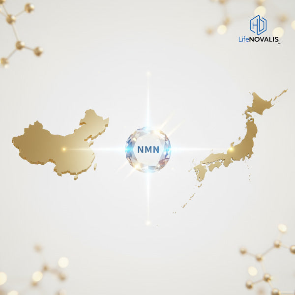 Concept illustration of NMN boom in Asia, premium Japan vs mass China