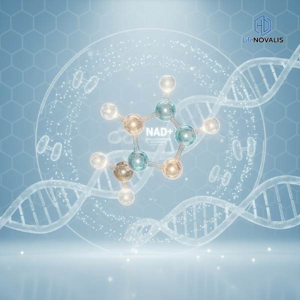 Premium scientific visualization of nmn for skin featuring cellular regeneration, NAD+ energy glow, and molecular structures