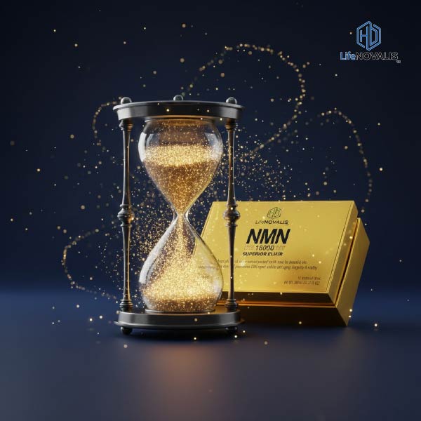 nmn premium bottle next to a glowing skin icon, symbolizing internal anti-aging benefits.