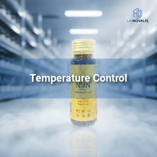 close-up of NMN capsules with visible vapor symbolizing cool temperature and stability