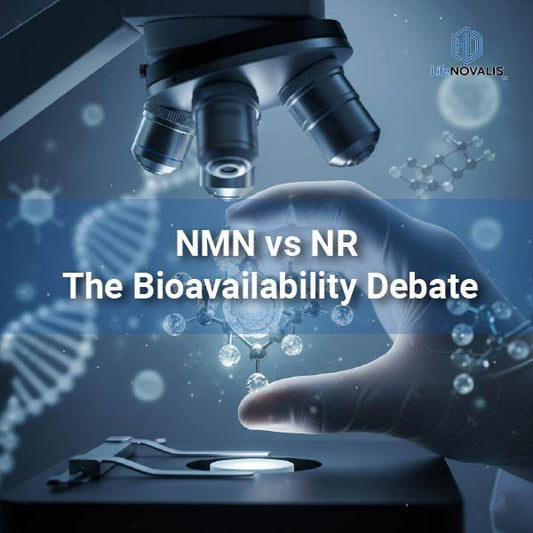 scientist hand holding NMN molecule glowing under microscope light, symbolizing NAD+ research and cellular vitality