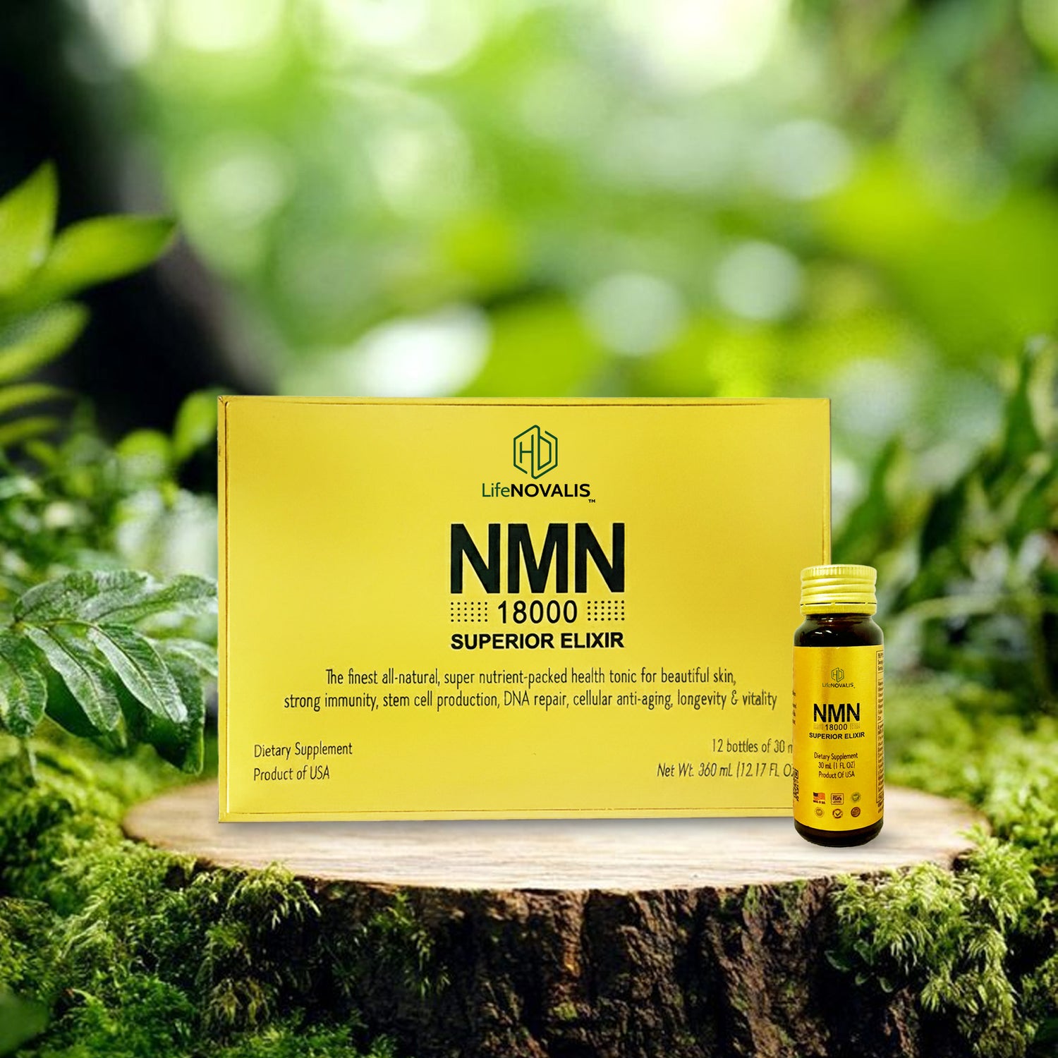 NMN supplement packaging with yellow box and bottle on a natural background