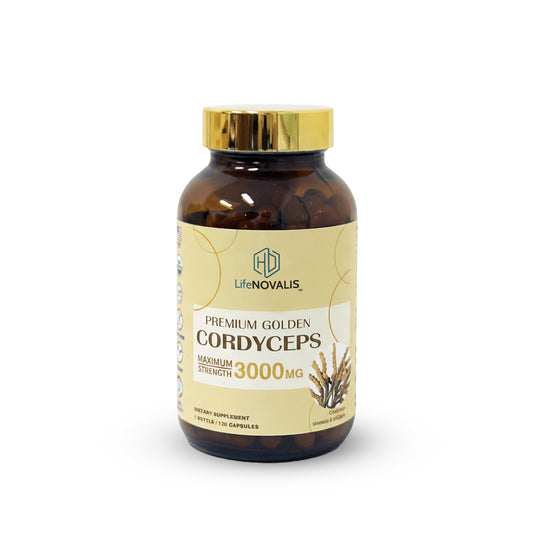 HD LifeNOVALIS Premium Golden Cordyceps supplement bottle on a white background
