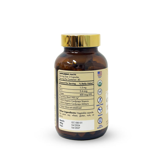 Brown supplement bottle with gold cap on a white background - HD LifeNOVALIS  Cordyceps 3000MG