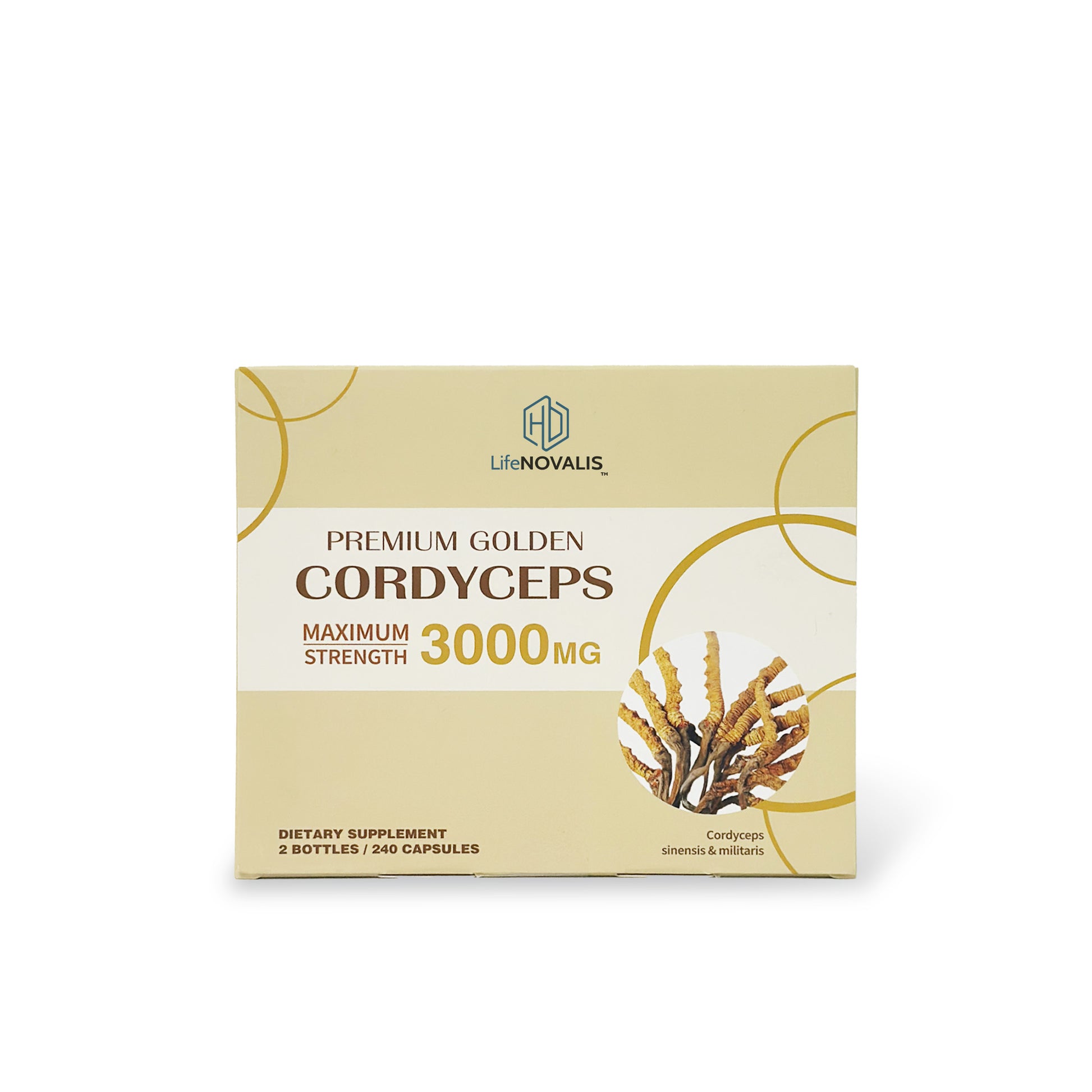 HD LifeNOVALIS Premium Golden Cordyceps supplement packaging on a white background