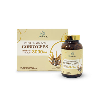 HD LifeNOVALIS Premium Golden Cordyceps supplement bottle and packaging on a white background