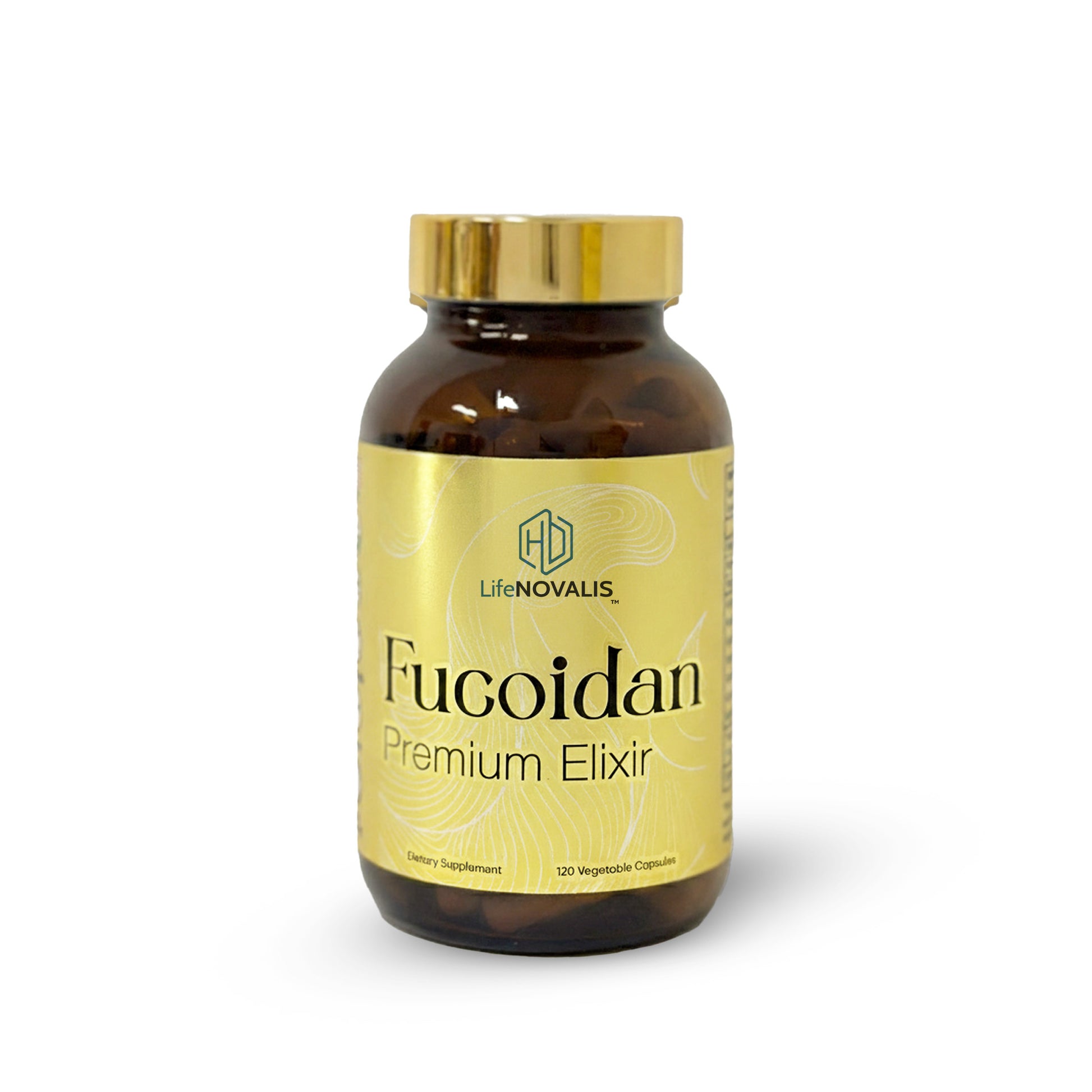 Bottle of HD LifeNOVALIS Fucoidan Premium Elixir on a white background