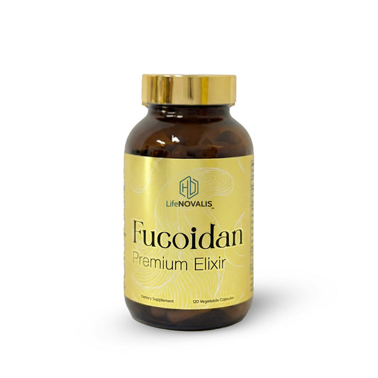 Bottle of HD LifeNOVALIS Fucoidan Premium Elixir on a white background