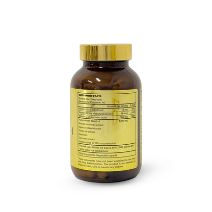 Brown supplement bottle with gold cap on a white background - HD LifeNOVALIS Fucoidan Premium Elixir