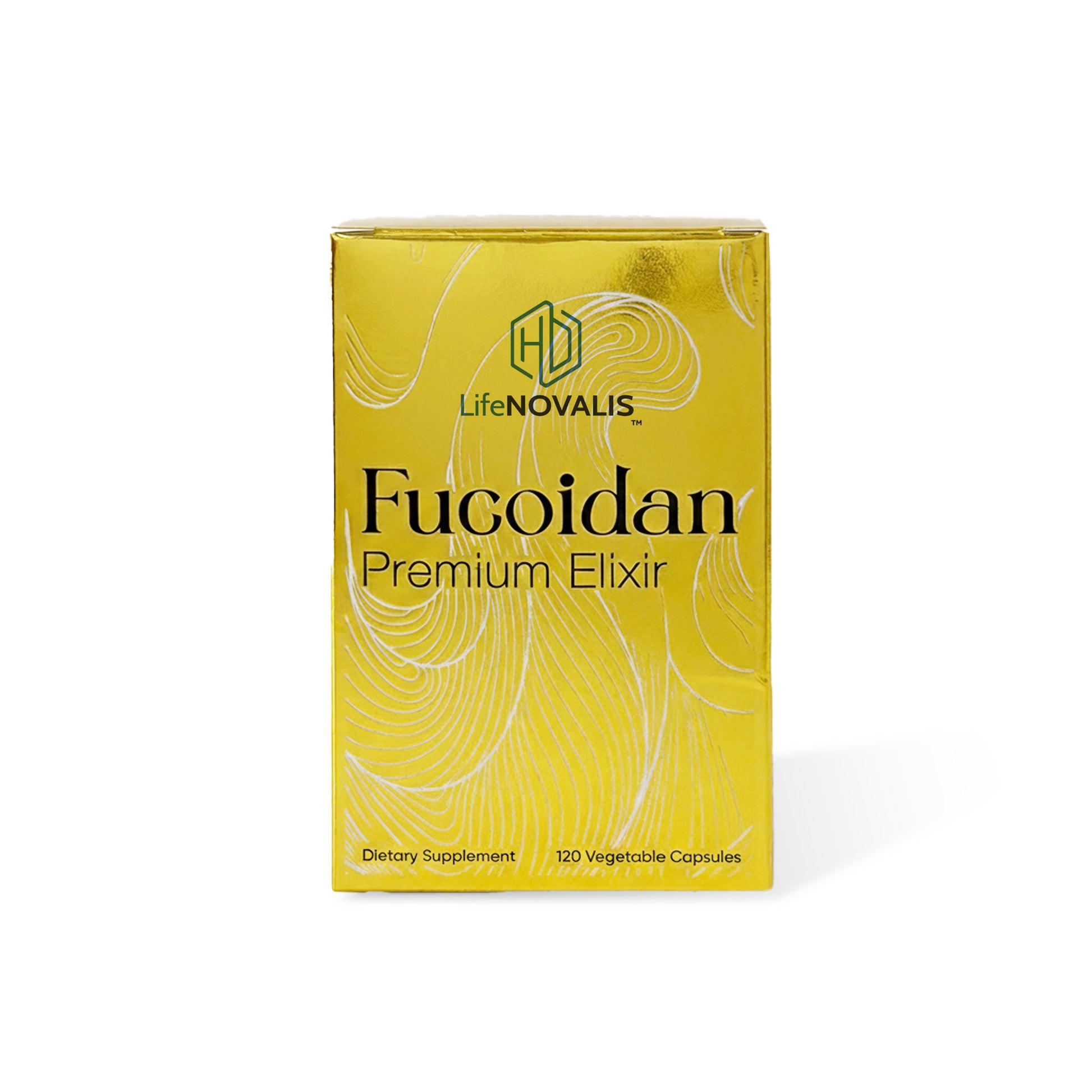 Yellow box of HD LifeNOVALIS Fucoidan Premium Elixir on a white background