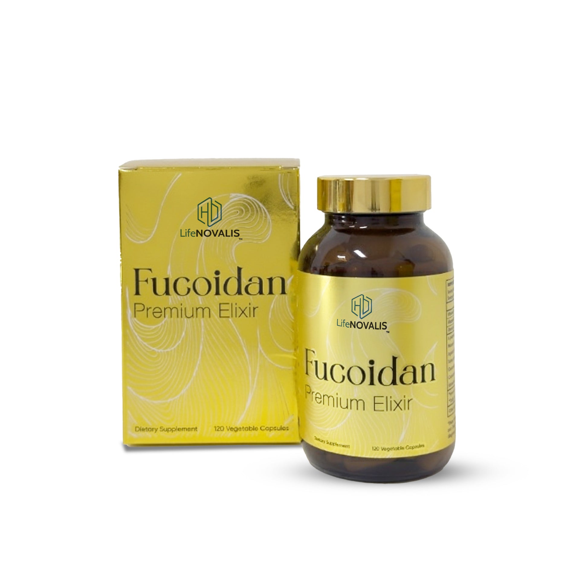 Fucoidan Premium Elixir bottle and packaging with HD LifeNOVALIS branding on a white background