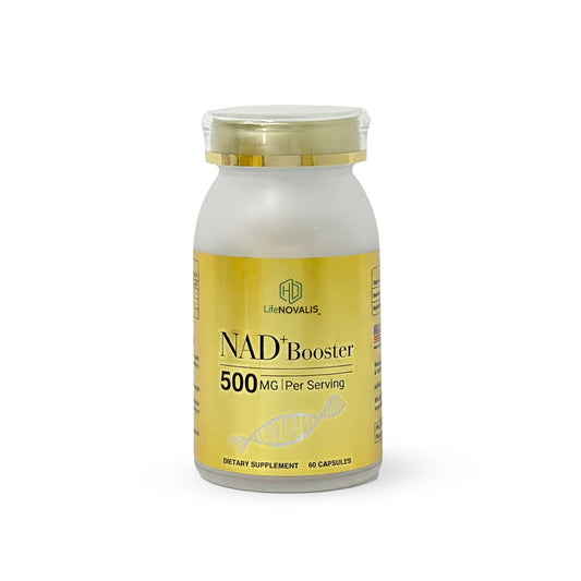 Supplement bottle labeled 'NAD+ Booster' with 'HD LifeNOVALIS' branding on a white background
