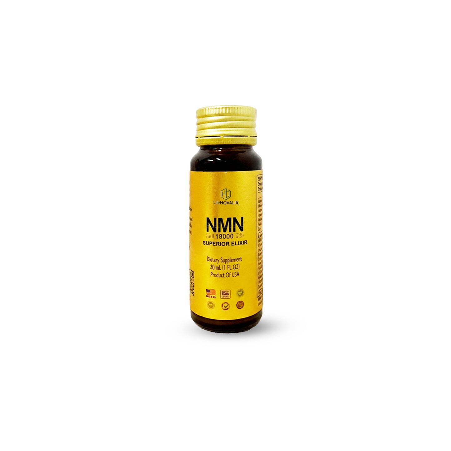 Yellow supplement bottle labeled 'NMN' on a white background - HD LifeNOVALIS NMN Superior Elixir 18000