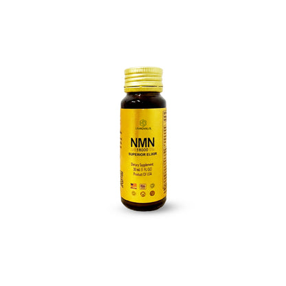 Yellow supplement bottle labeled 'NMN' on a white background - HD LifeNOVALIS NMN Superior Elixir 18000