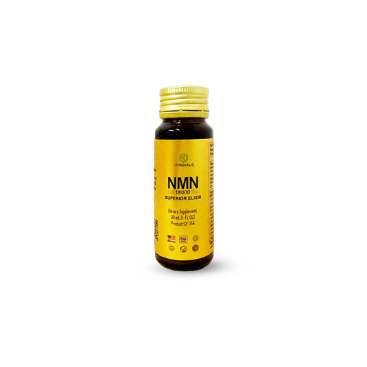 Yellow supplement bottle labeled 'NMN' on a white background - HD LifeNOVALIS NMN Superior Elixir 18000