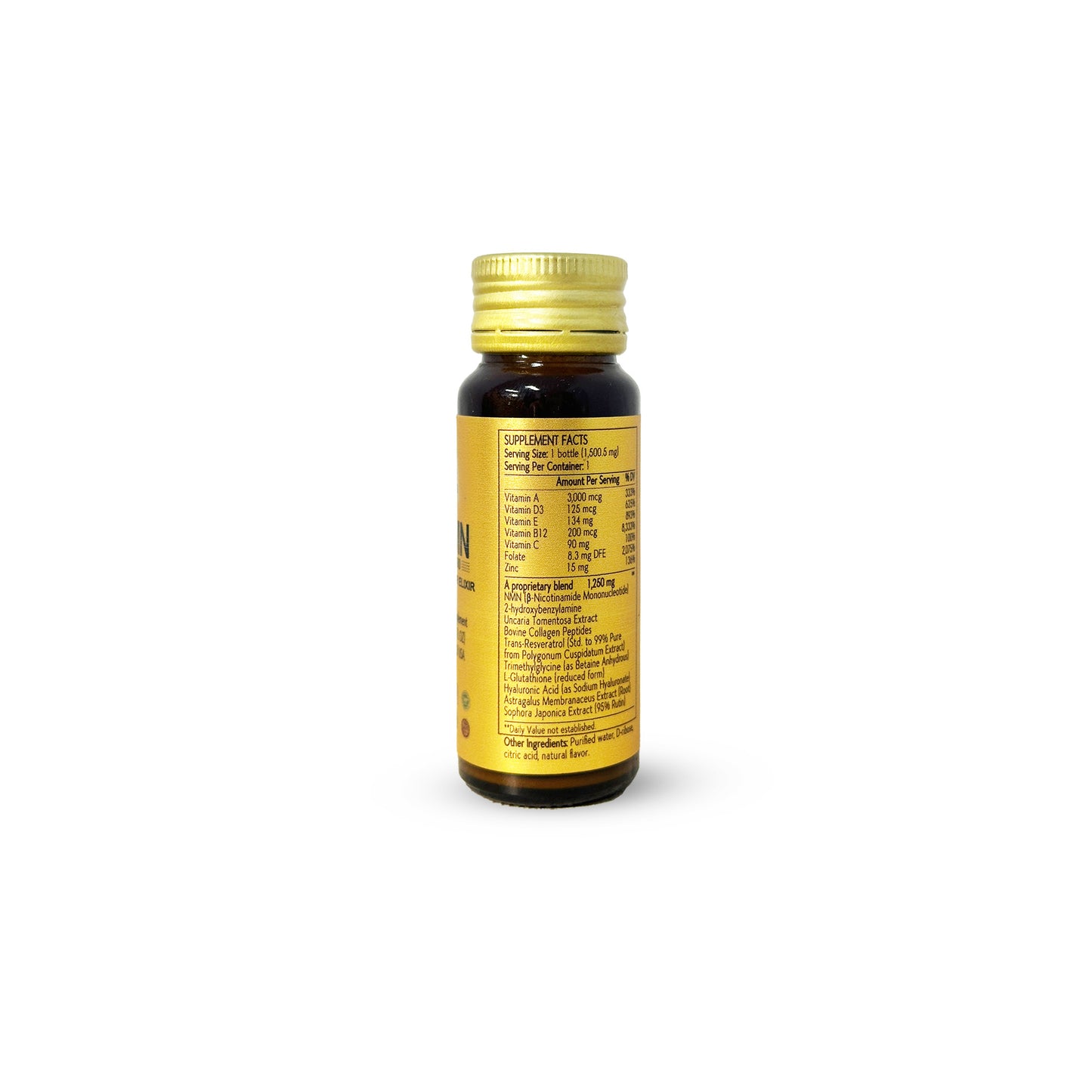 Yellow supplement bottle with gold cap on a white background  - HD LifeNOVALIS NMN Superior Elixir 18000