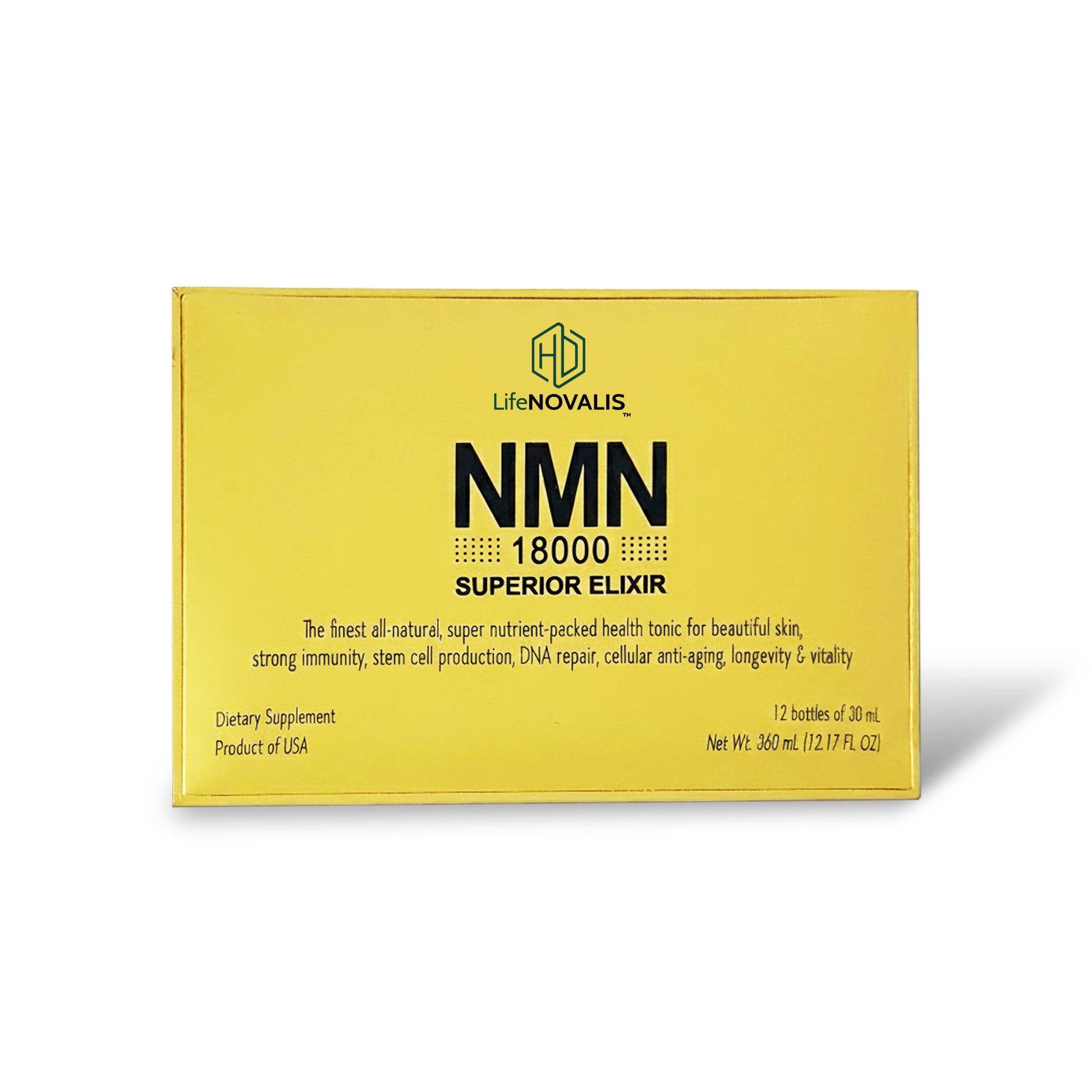 Yellow box of  HD LifeNOVALIS NMN Superior Elixir 18000 on a white background