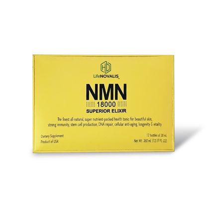 Yellow box of  HD LifeNOVALIS NMN Superior Elixir 18000 on a white background