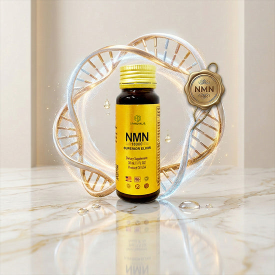 NMN supplement bottle with gold cap on a decorative background