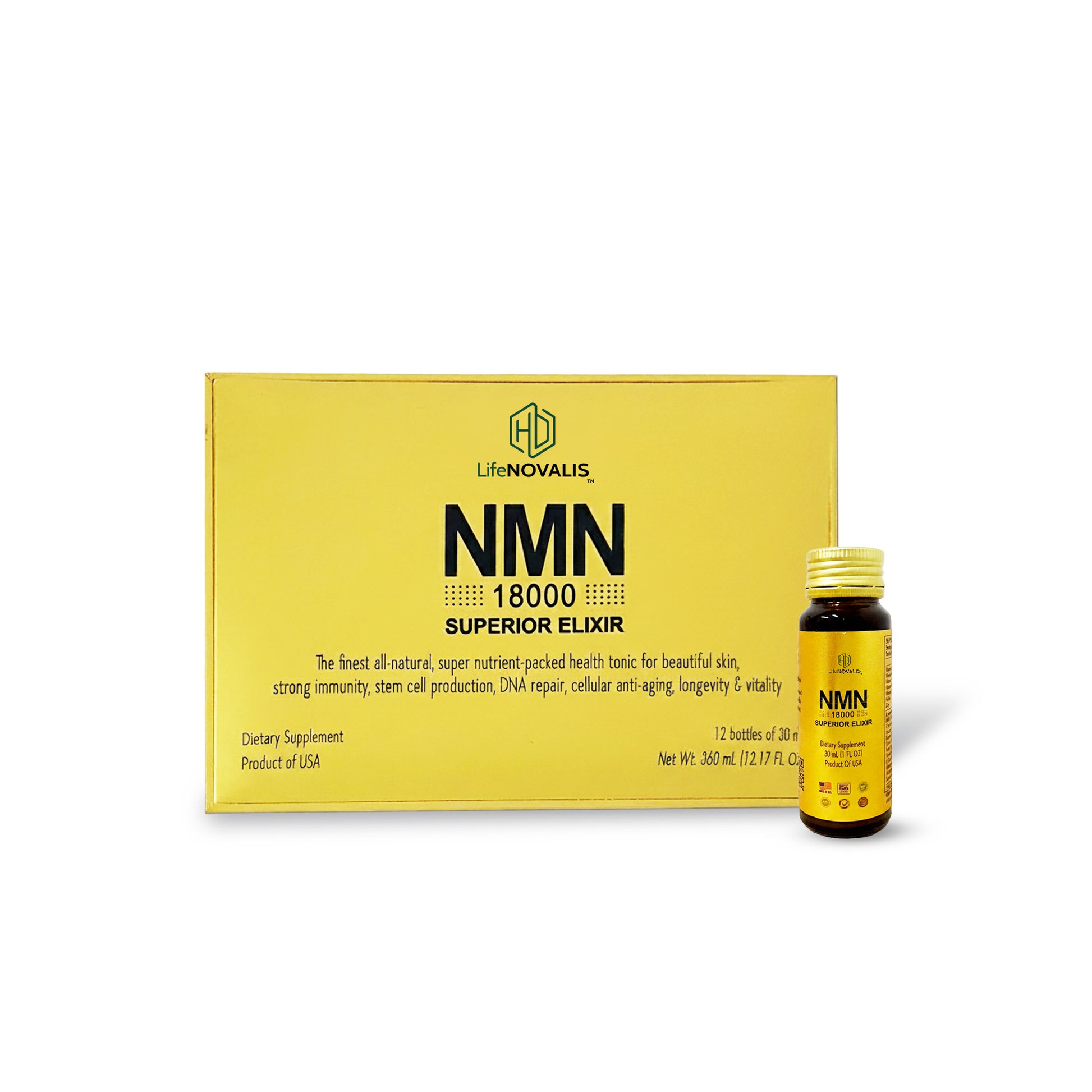 HD LifeNOVALIS NMN Superior Elixir 18000 packaging with a bottle on a white background