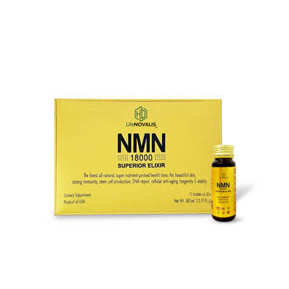 HD LifeNOVALIS NMN Superior Elixir 18000 packaging with a bottle on a white background