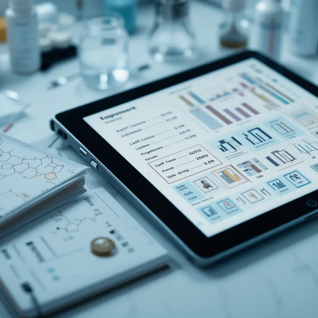 Tablet showing scientific data charts on a laboratory desk with research equipment
