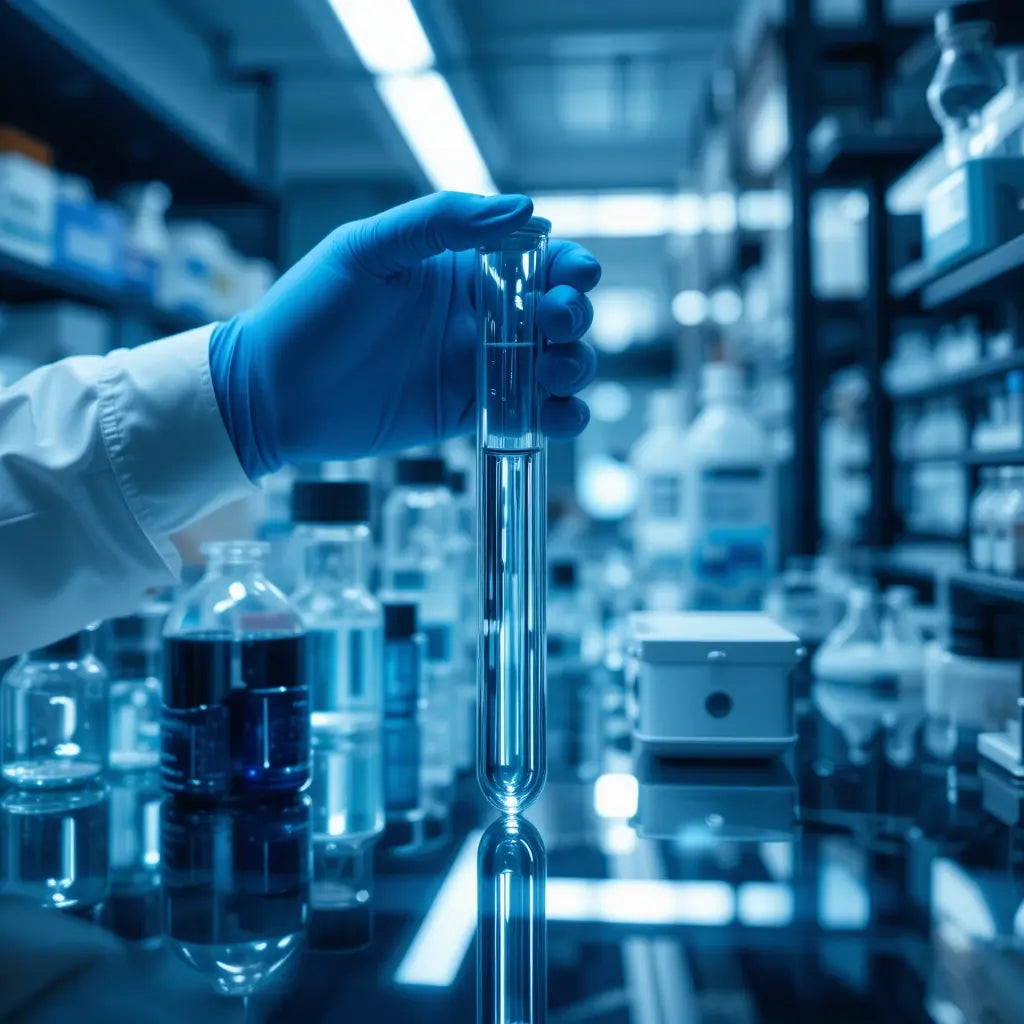 Scientist hand in blue glove holding a test tube in laboratory with blurred background